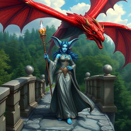 A female blue merfolk wizard with vibrant blue skin and large, expressive ears stands confidently on a majestic stone bridge