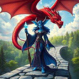 A female blue merfolk wizard with vibrant blue skin and large, expressive ears stands confidently on a majestic stone bridge