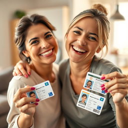 A warm and loving scene depicting a mother smiling proudly while holding two national IDs, one in each hand