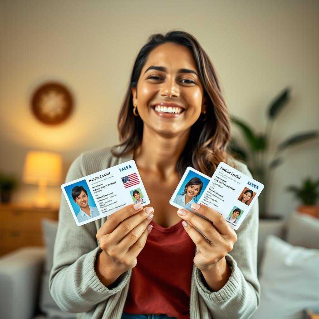 A warm and loving scene depicting a mother smiling proudly while holding two national IDs, one in each hand