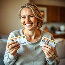 A warm and loving scene depicting a mother smiling proudly while holding two national IDs, one in each hand
