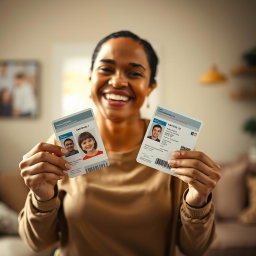 A warm and loving scene depicting a mother smiling proudly while holding two national IDs, one in each hand