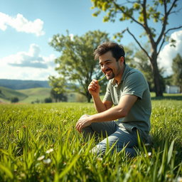 A surreal scene depicting a man kneeling in a lush green field, munching on fresh grass with an expression of enjoyment