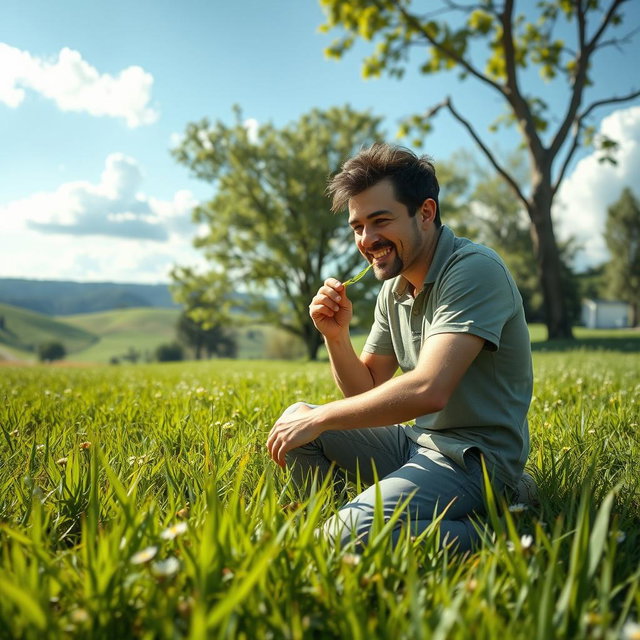 A surreal scene depicting a man kneeling in a lush green field, munching on fresh grass with an expression of enjoyment