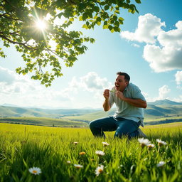 A surreal scene depicting a man kneeling in a lush green field, munching on fresh grass with an expression of enjoyment