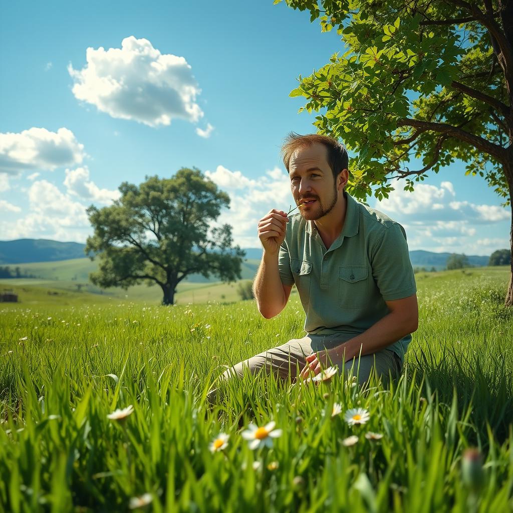 A surreal scene depicting a man kneeling in a lush green field, munching on fresh grass with an expression of enjoyment