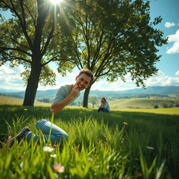 A surreal scene depicting a man kneeling in a lush green field, munching on fresh grass with an expression of enjoyment
