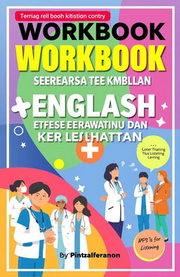 A visually engaging cover design for a workbook titled 'WORKBOOK PINTAR BERBAHASA ENGLISH UNTUK KEPERAWATAN DAN KESEHATAN'