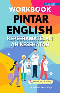 A visually engaging cover design for a workbook titled 'WORKBOOK PINTAR BERBAHASA ENGLISH UNTUK KEPERAWATAN DAN KESEHATAN'