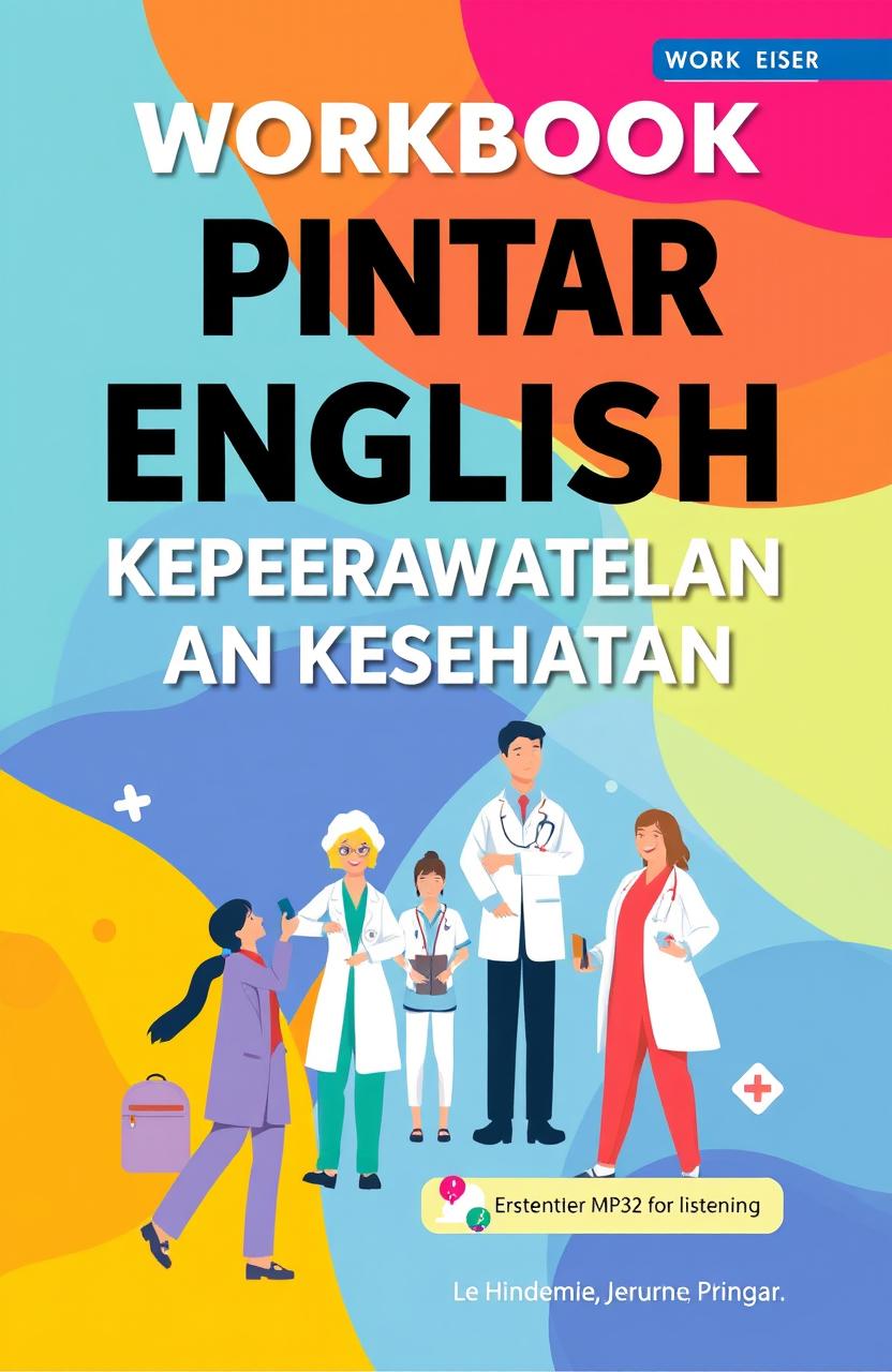 A visually engaging cover design for a workbook titled 'WORKBOOK PINTAR BERBAHASA ENGLISH UNTUK KEPERAWATAN DAN KESEHATAN'