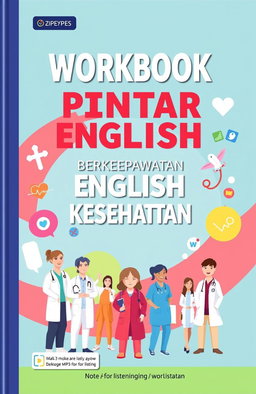 A visually engaging cover design for a workbook titled 'WORKBOOK PINTAR BERBAHASA ENGLISH UNTUK KEPERAWATAN DAN KESEHATAN'