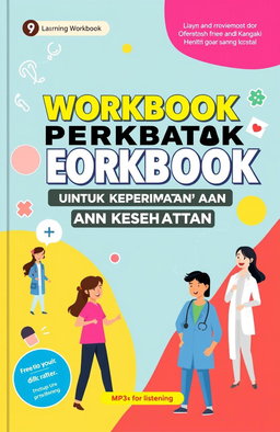 A visually engaging cover design for a workbook titled 'WORKBOOK PINTAR BERBAHASA ENGLISH UNTUK KEPERAWATAN DAN KESEHATAN'