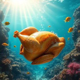 A whimsical scene depicting a whole roasted chicken submerged underwater, surrounded by vibrant coral reefs and colorful tropical fish swimming around