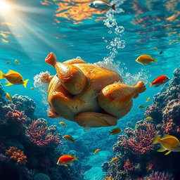 A whimsical scene depicting a whole roasted chicken submerged underwater, surrounded by vibrant coral reefs and colorful tropical fish swimming around