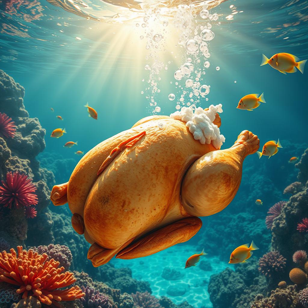 A whimsical scene depicting a whole roasted chicken submerged underwater, surrounded by vibrant coral reefs and colorful tropical fish swimming around