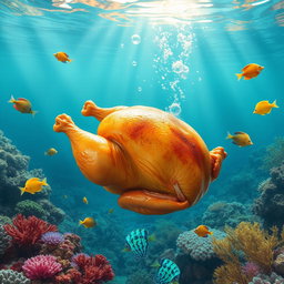 A whimsical scene depicting a whole roasted chicken submerged underwater, surrounded by vibrant coral reefs and colorful tropical fish swimming around