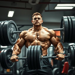 A strong man lifting an extraordinarily heavy barbell in a gym setting, showcasing immense muscles and determination