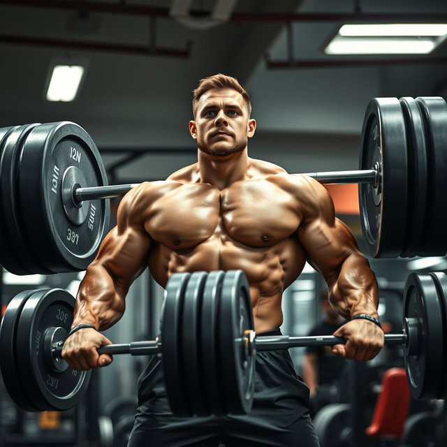 A strong man lifting an extraordinarily heavy barbell in a gym setting, showcasing immense muscles and determination