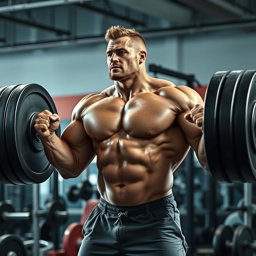 A strong man lifting an extraordinarily heavy barbell in a gym setting, showcasing immense muscles and determination