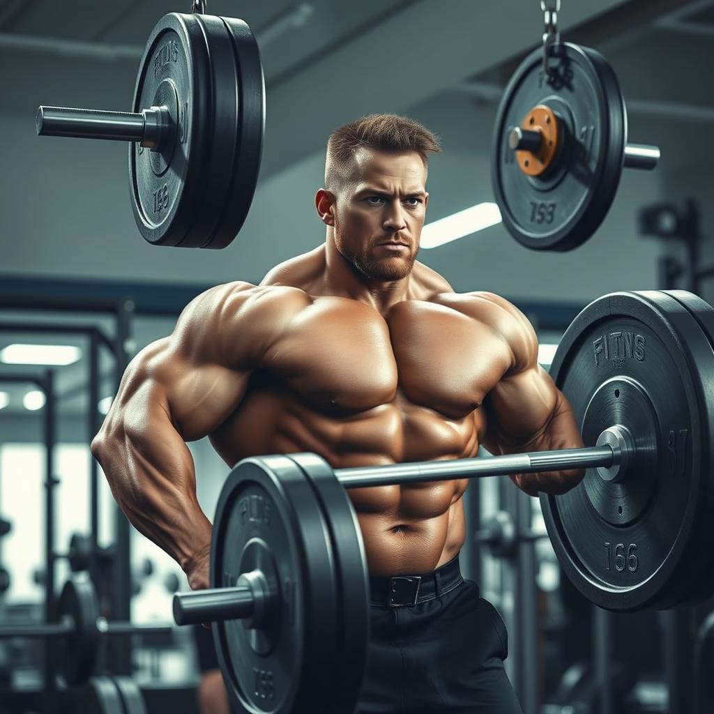 A strong man lifting an extraordinarily heavy barbell in a gym setting, showcasing immense muscles and determination