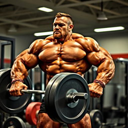 A strong man lifting an extraordinarily heavy barbell in a gym setting, showcasing immense muscles and determination