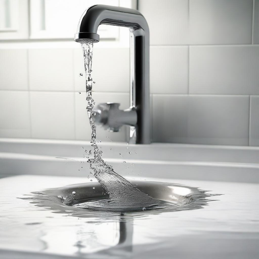 A photorealistic image of a metal pipe under a kitchen sink leaking water, the droplets caught midway as they splash on the tiled floor.