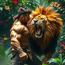 A dramatic scene depicting a powerful man engaged in an intense battle with a fierce lion in a lush, exotic jungle setting