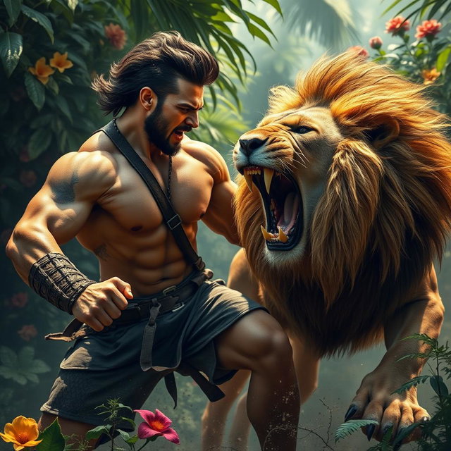 A dramatic scene depicting a powerful man engaged in an intense battle with a fierce lion in a lush, exotic jungle setting