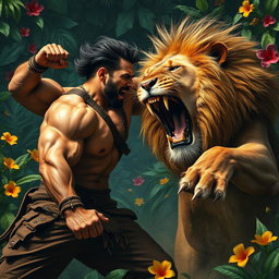 A dramatic scene depicting a powerful man engaged in an intense battle with a fierce lion in a lush, exotic jungle setting