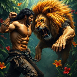 A dramatic scene depicting a powerful man engaged in an intense battle with a fierce lion in a lush, exotic jungle setting