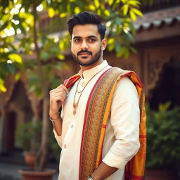 A stylish man wearing a traditional sharee, elegantly draped over his shoulder, showcasing a vibrant and intricate design with rich textiles