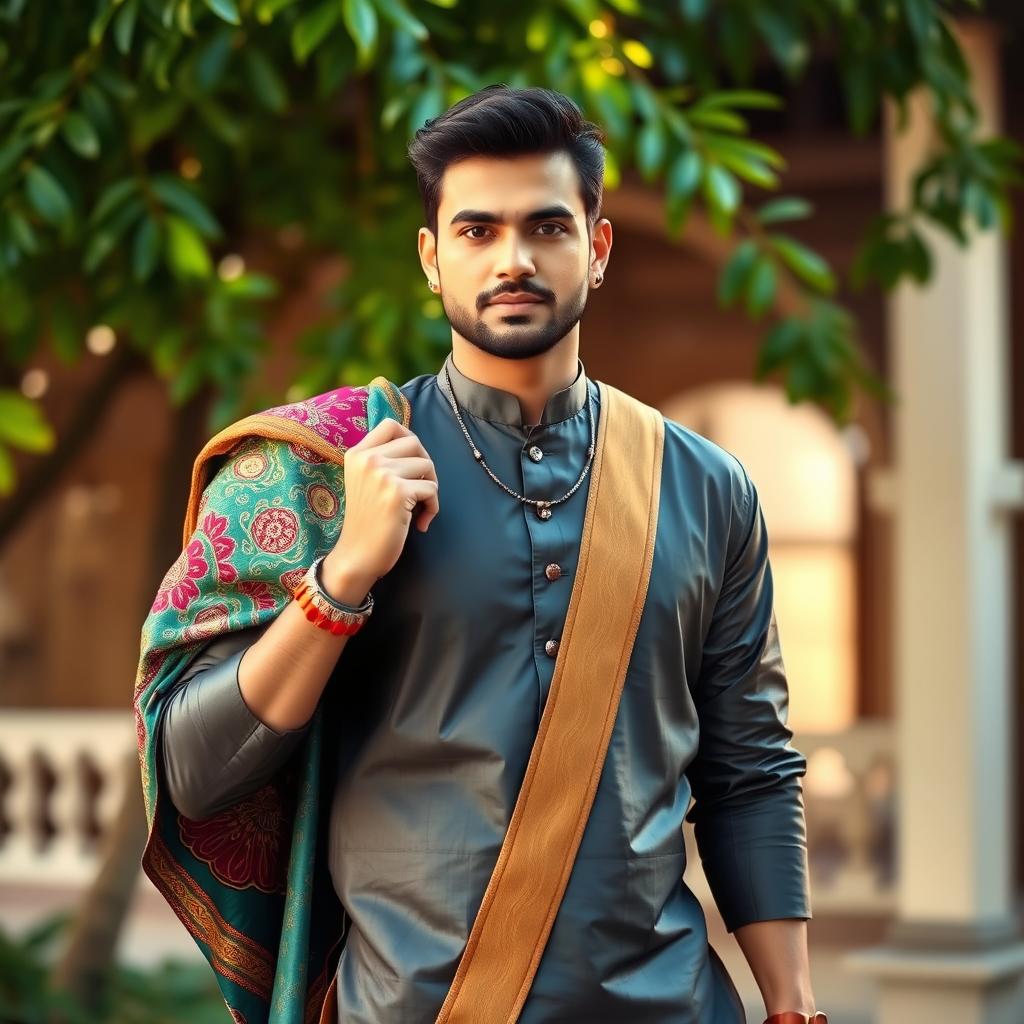 A stylish man wearing a traditional sharee, elegantly draped over his shoulder, showcasing a vibrant and intricate design with rich textiles