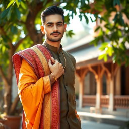 A stylish man wearing a traditional sharee, elegantly draped over his shoulder, showcasing a vibrant and intricate design with rich textiles