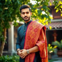 A stylish man wearing a traditional sharee, elegantly draped over his shoulder, showcasing a vibrant and intricate design with rich textiles