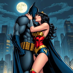 A dramatic comic book style scene depicting Wonder Woman and Batman in a passionate kiss