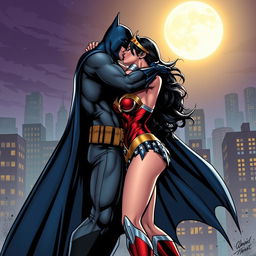 A dramatic comic book style scene depicting Wonder Woman and Batman in a passionate kiss