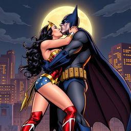 A dramatic comic book style scene depicting Wonder Woman and Batman in a passionate kiss