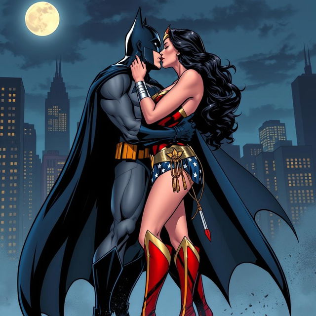 A dramatic comic book style scene depicting Wonder Woman and Batman in a passionate kiss