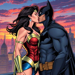 A dynamic comic book style illustration of Wonder Woman and Batman in a passionate kiss, showcasing their strong connection