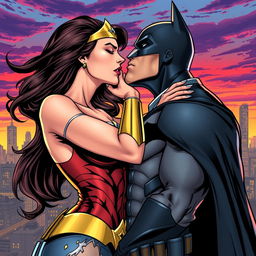 A dynamic comic book style illustration of Wonder Woman and Batman in a passionate kiss, showcasing their strong connection