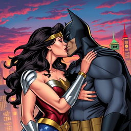 A dynamic comic book style illustration of Wonder Woman and Batman in a passionate kiss, showcasing their strong connection
