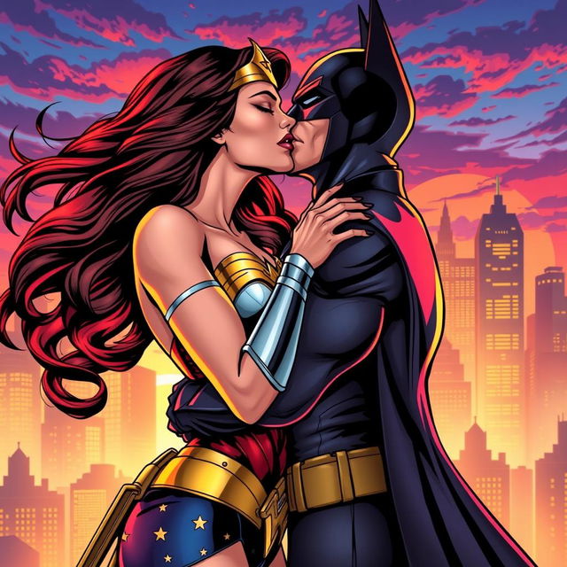 A dynamic comic book style illustration of Wonder Woman and Batman in a passionate kiss, showcasing their strong connection