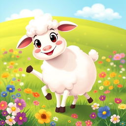 A cute, cartoon-style sheep with fluffy white wool, big expressive eyes, and a cheerful smile