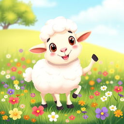 A cute, cartoon-style sheep with fluffy white wool, big expressive eyes, and a cheerful smile