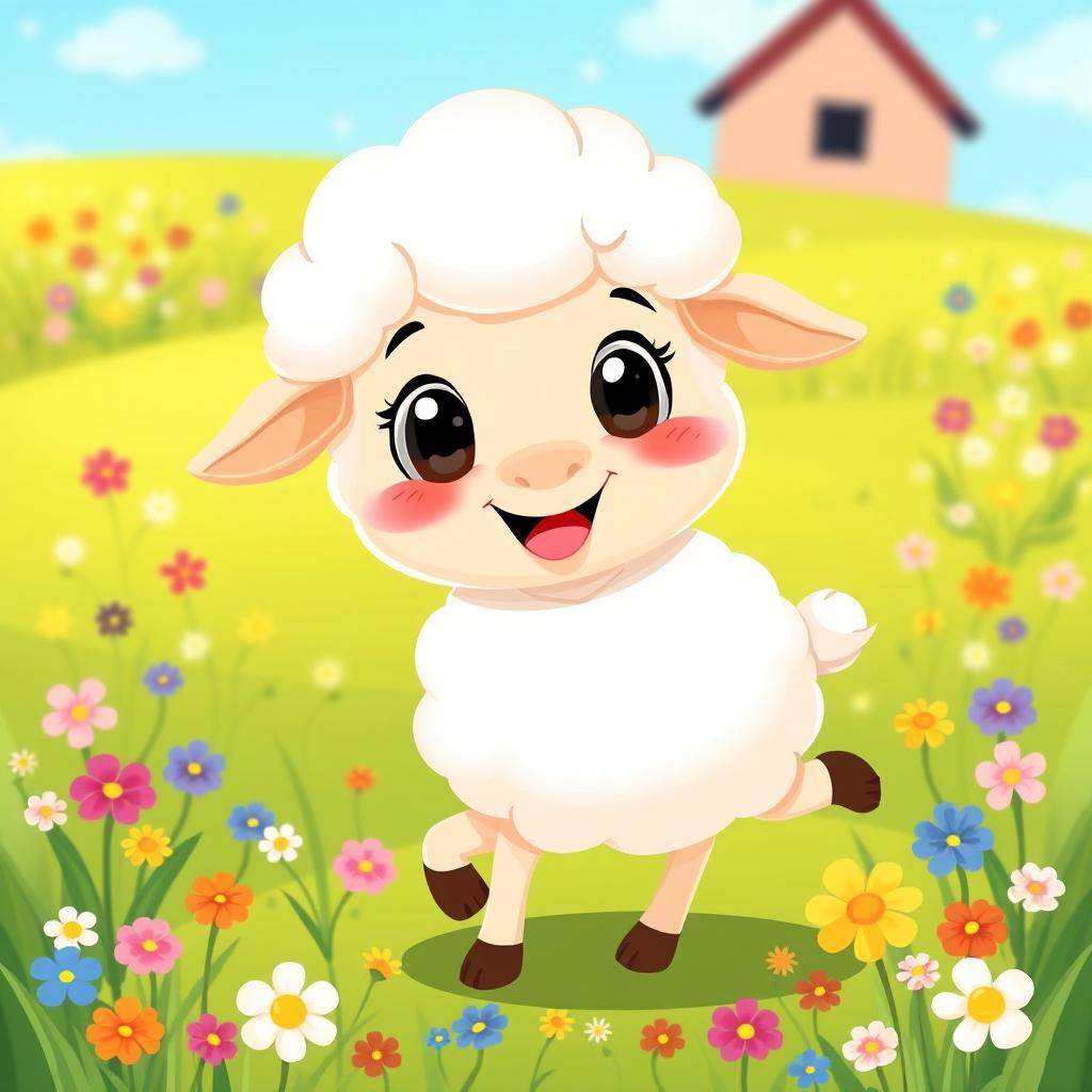A cute, cartoon-style sheep with fluffy white wool, big expressive eyes, and a cheerful smile