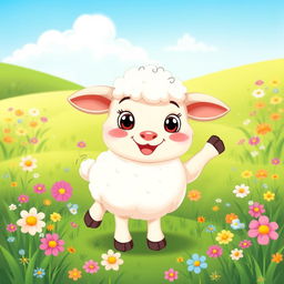 A cute, cartoon-style sheep with fluffy white wool, big expressive eyes, and a cheerful smile