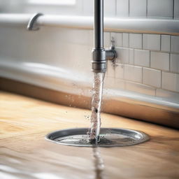 A photorealistic image of a metal pipe under a kitchen sink leaking water, the droplets caught midway as they splash on the tiled floor.