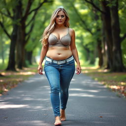 A beautiful and stunning woman with medium breasts, very wide, fat bulging hips, thick round fat thighs, and inner thighs gently touching each other
