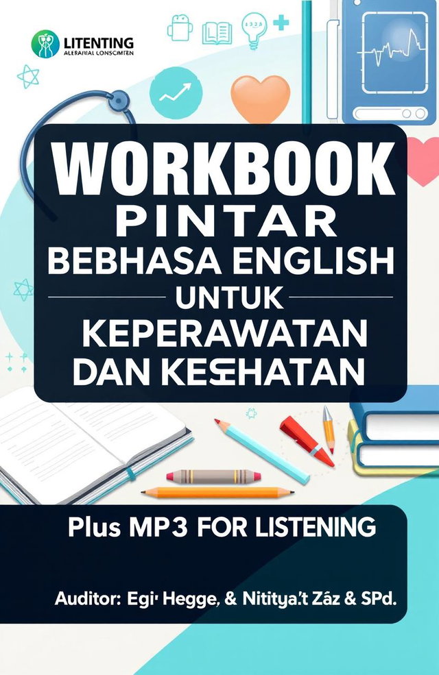 A visually engaging and informative book cover design for a workbook titled 'WORKBOOK PINTAR BERBAHASA ENGLISH UNTUK KEPERAWATAN DAN KESEHATAN'