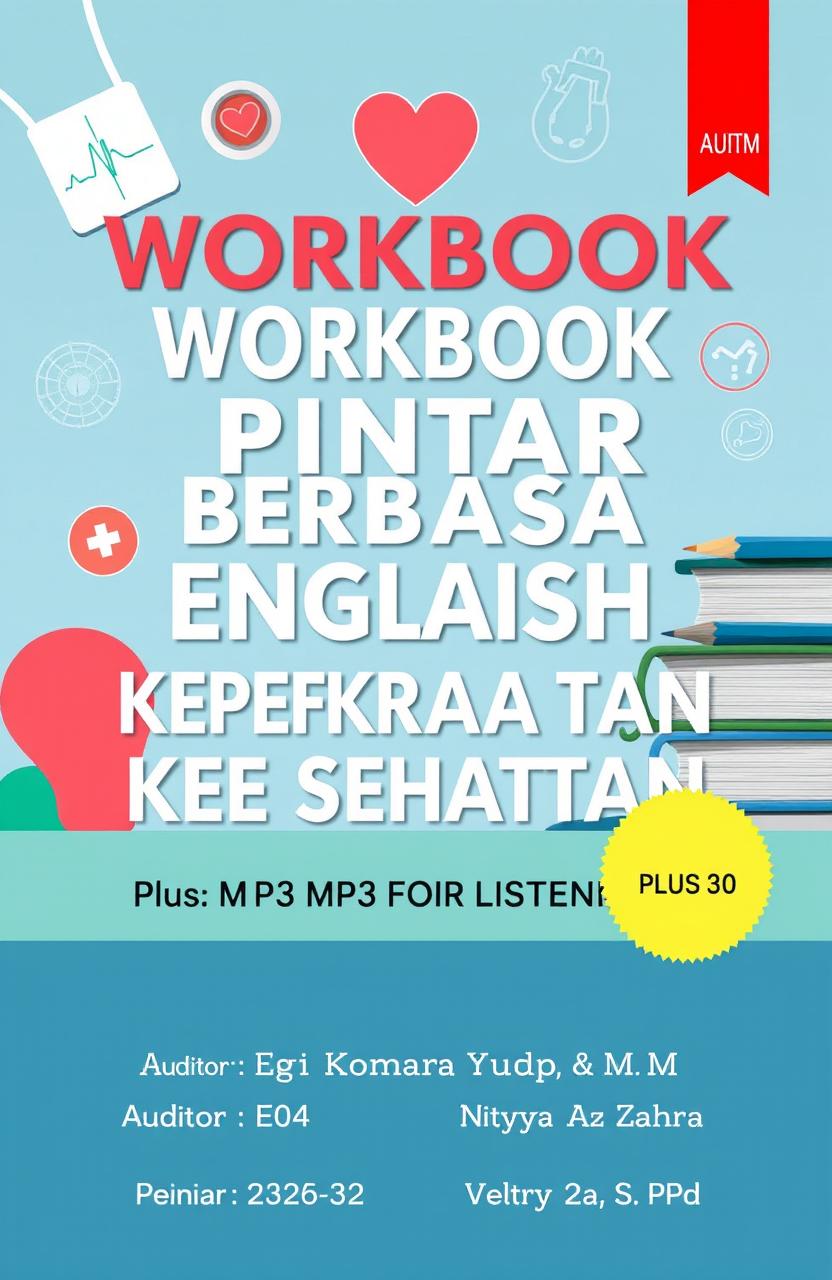 A visually engaging and informative book cover design for a workbook titled 'WORKBOOK PINTAR BERBAHASA ENGLISH UNTUK KEPERAWATAN DAN KESEHATAN'